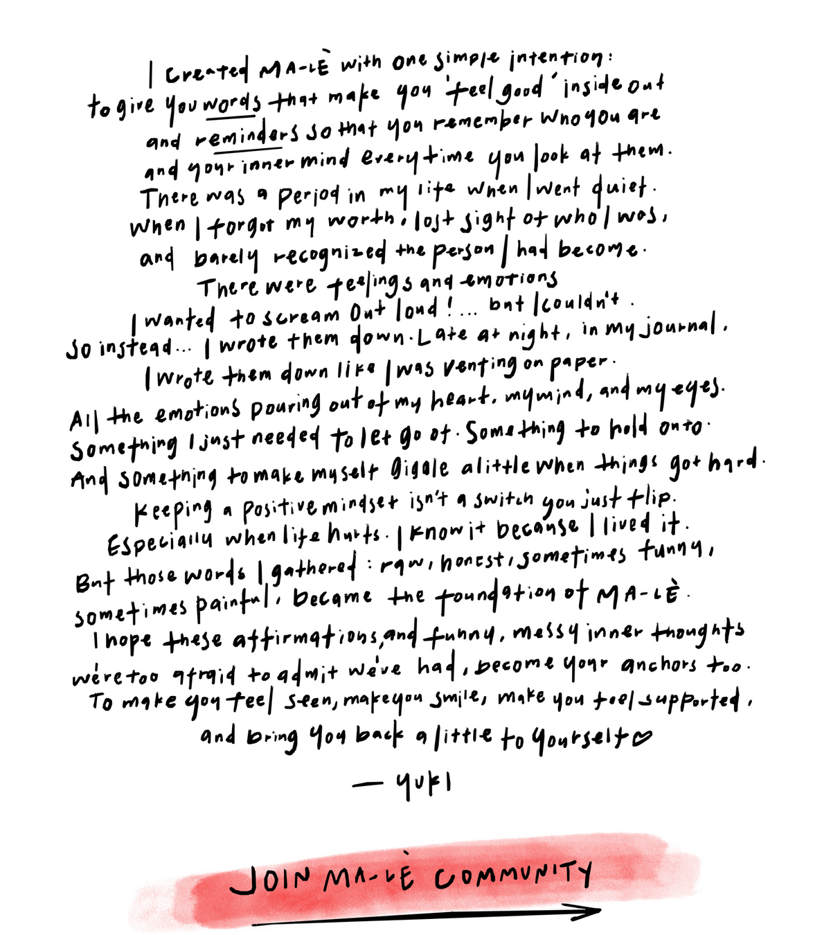 Handwritten letter from Yuki Kodo explaining how journaling through a hard period in her life became the foundation of MA-LÈ, ending with a link to join the MA-LÈ community.